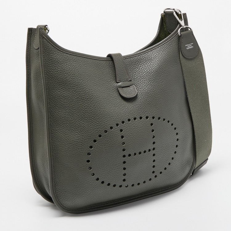 Pre Owned Hermes Vert De Gris Taurillon Clemence Leather Evelyne III GM Bag