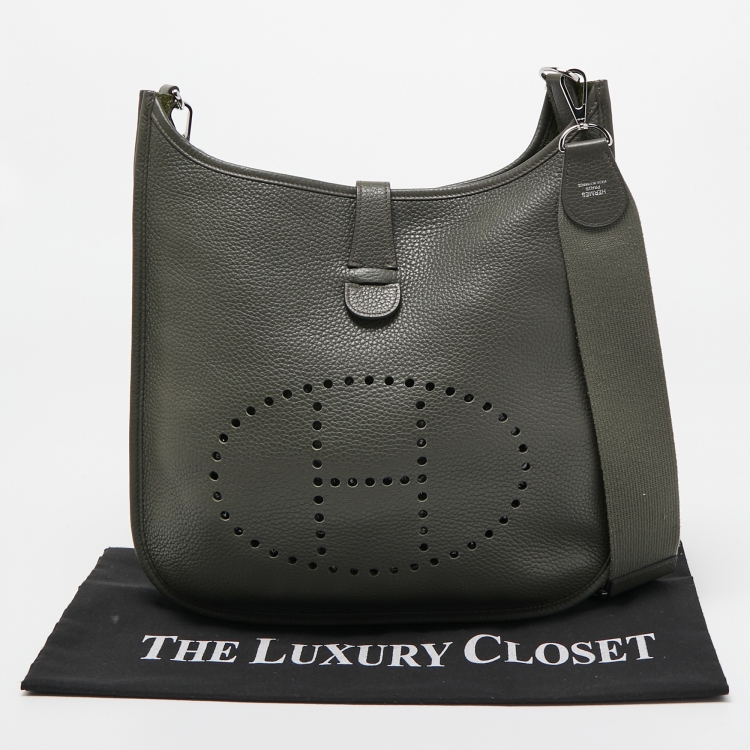 Pre Owned Hermes Vert De Gris Taurillon Clemence Leather Evelyne III GM Bag