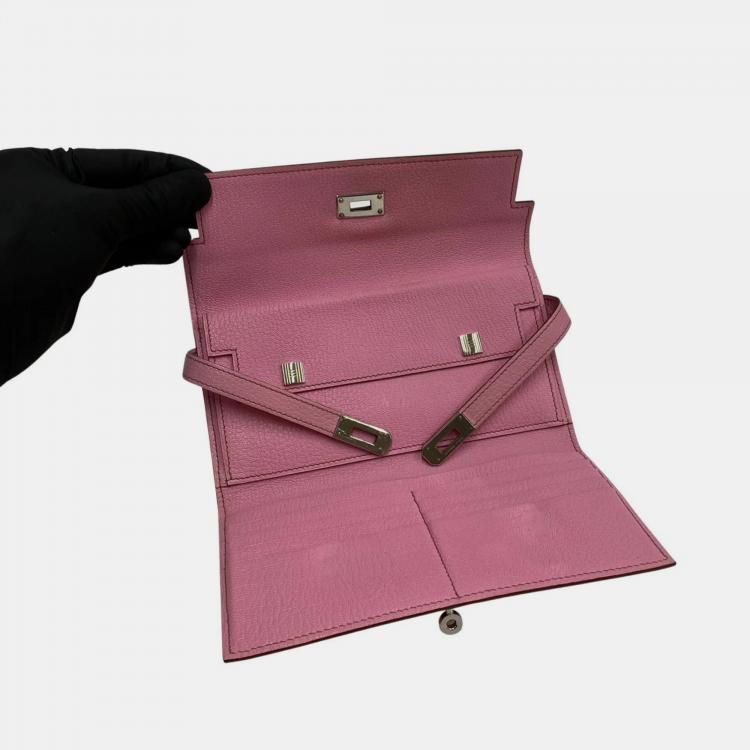 Pre Owned HERMES Kelly Wallet Long Vaux Swift Leather Genuine Bifold Pink