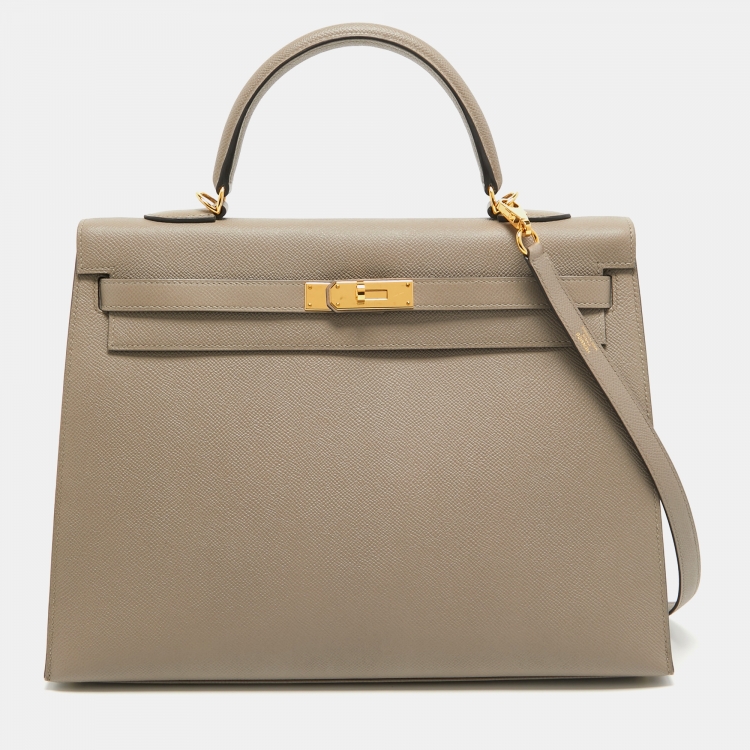 Pre Owned Hermes Gris Asphalt Epsom Leather Gold Finish Kelly Sellier 35 Bag