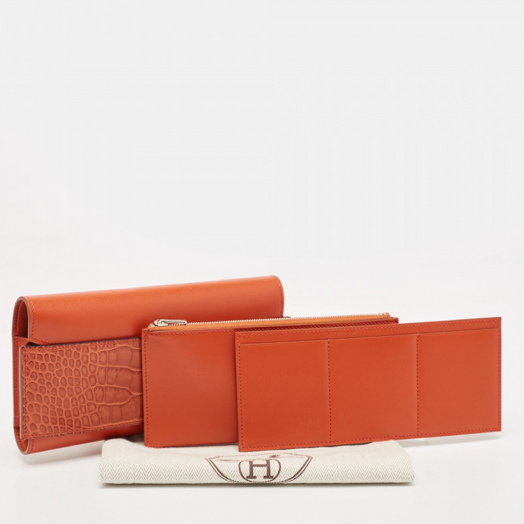 Pre Owned Hermes Sanguine Matte Alligator Mississippiensis and Tadelakt Leather Passant Long Wallet