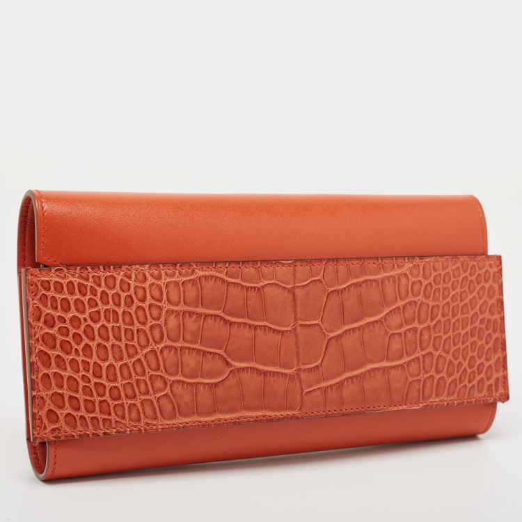 Pre Owned Hermes Sanguine Matte Alligator Mississippiensis and Tadelakt Leather Passant Long Wallet