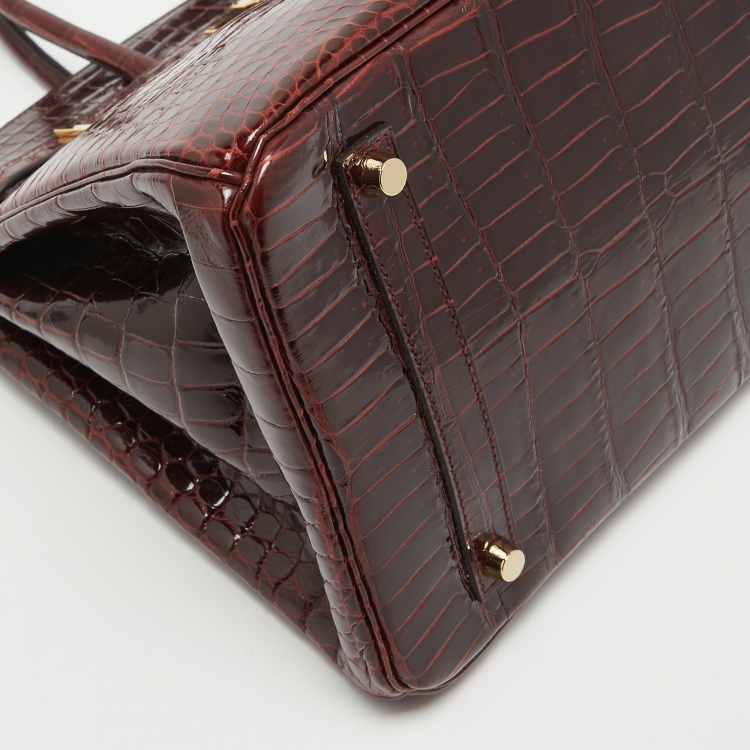 Pre Owned Hermes Bourgogne Crocodile Porosus Gold Finish Birkin 35 Bag