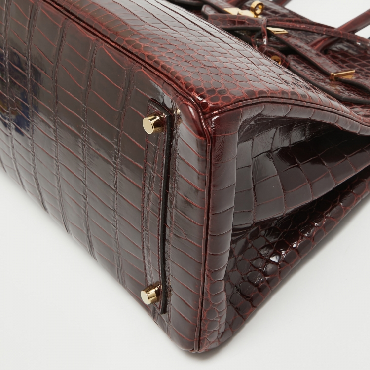 Pre Owned Hermes Bourgogne Crocodile Porosus Gold Finish Birkin 35 Bag