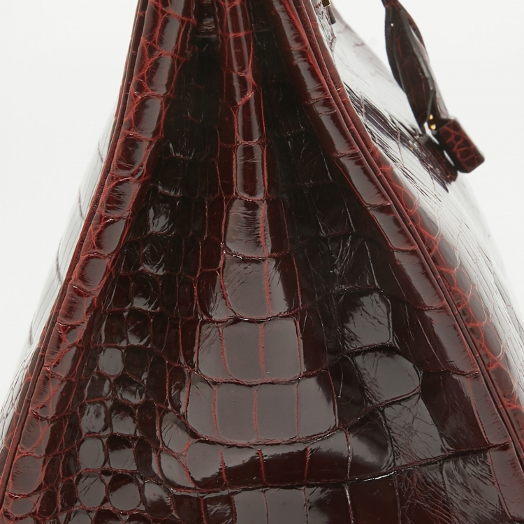 Pre Owned Hermes Bourgogne Crocodile Porosus Gold Finish Birkin 35 Bag