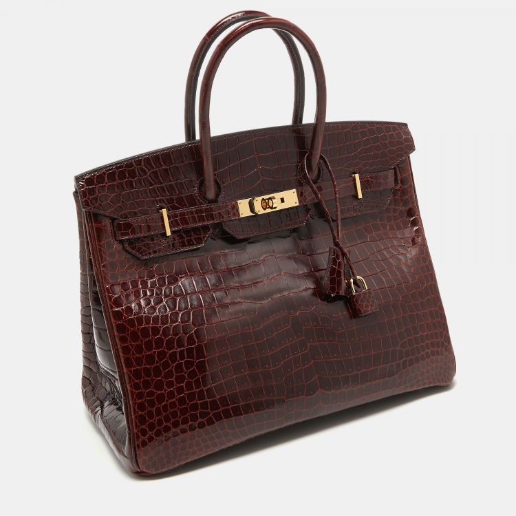 Pre Owned Hermes Bourgogne Crocodile Porosus Gold Finish Birkin 35 Bag