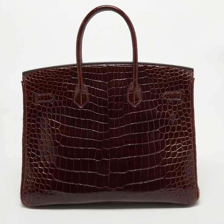 Pre Owned Hermes Bourgogne Crocodile Porosus Gold Finish Birkin 35 Bag