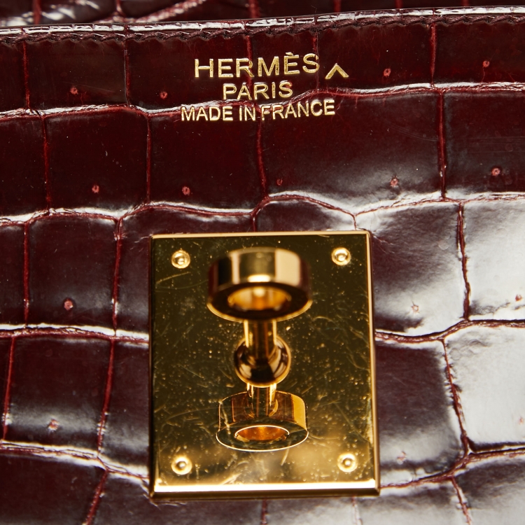 Pre Owned Hermes Bourgogne Crocodile Porosus Gold Finish Birkin 35 Bag