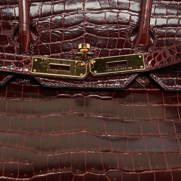 Pre Owned Hermes Bourgogne Crocodile Porosus Gold Finish Birkin 35 Bag