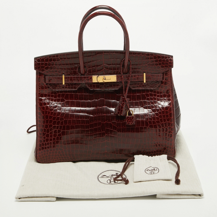 Pre Owned Hermes Bourgogne Crocodile Porosus Gold Finish Birkin 35 Bag