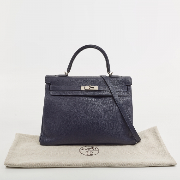 Pre Owned Hermes Bleu Saphir Taurillon Clemence Leather Palladium Finish Kelly Retourne 35 Bag