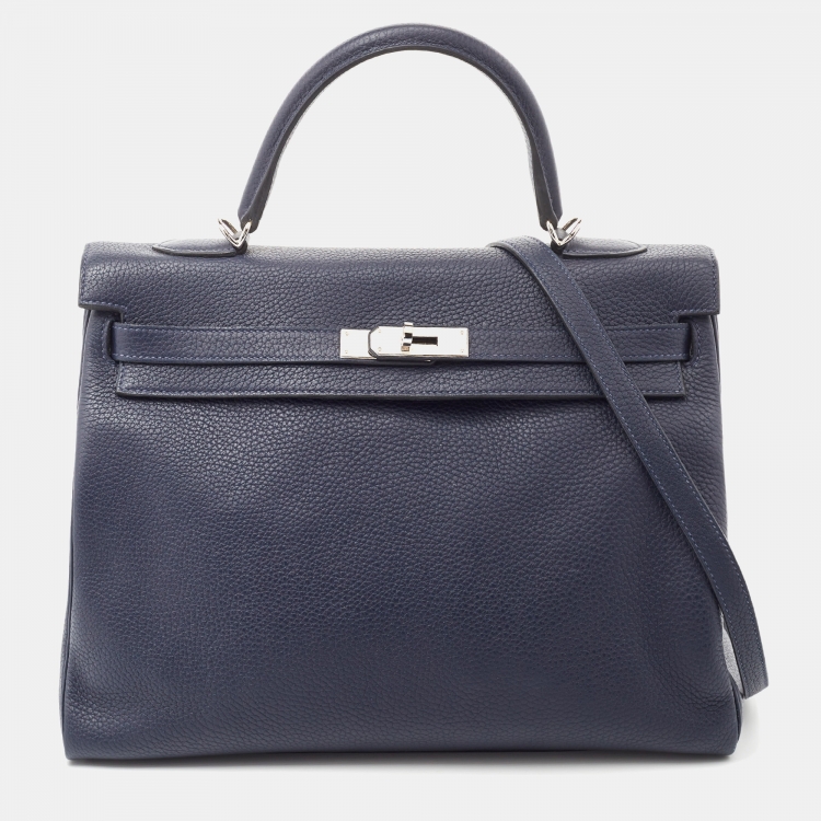Pre Owned Hermes Bleu Saphir Taurillon Clemence Leather Palladium Finish Kelly Retourne 35 Bag