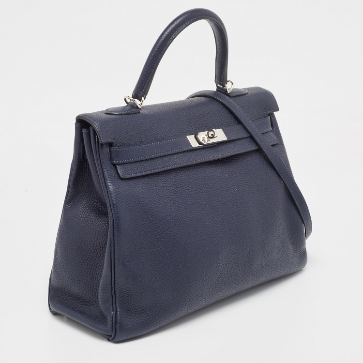 Pre Owned Hermes Bleu Saphir Taurillon Clemence Leather Palladium Finish Kelly Retourne 35 Bag