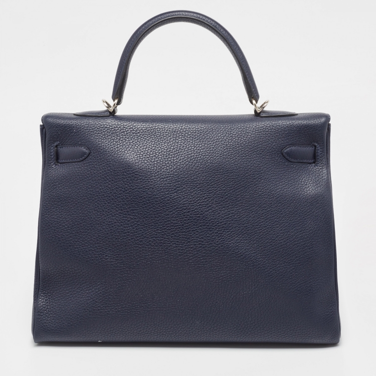 Pre Owned Hermes Bleu Saphir Taurillon Clemence Leather Palladium Finish Kelly Retourne 35 Bag