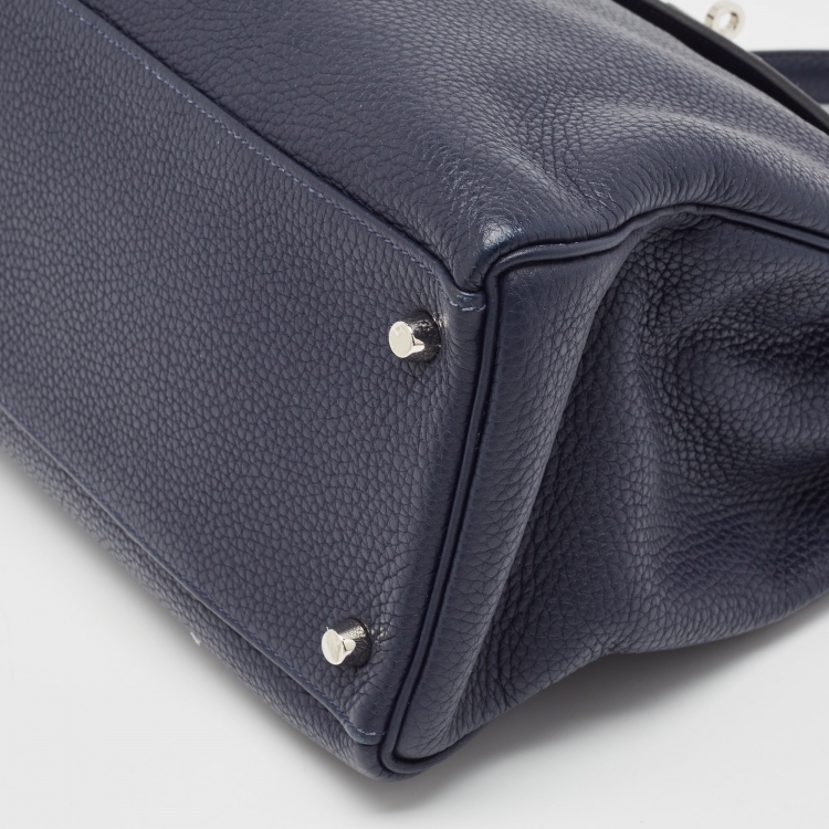 Pre Owned Hermes Bleu Saphir Taurillon Clemence Leather Palladium Finish Kelly Retourne 35 Bag