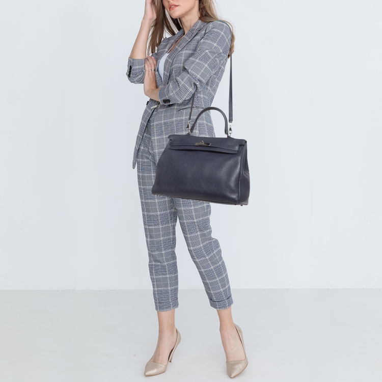 Pre Owned Hermes Bleu Saphir Taurillon Clemence Leather Palladium Finish Kelly Retourne 35 Bag