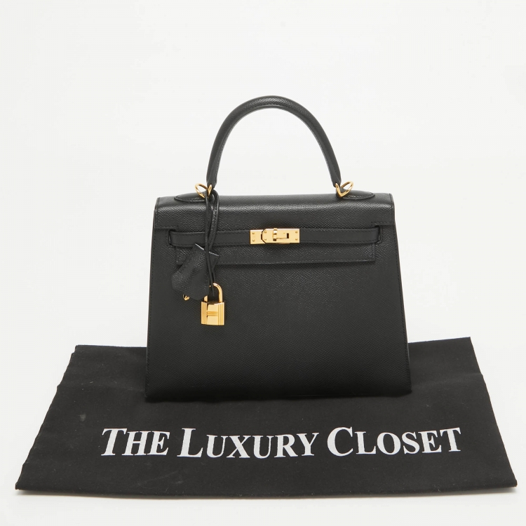 Pre Owned Hermes Noir Epsom Leather Gold Finish Kelly Sellier 25 Bag