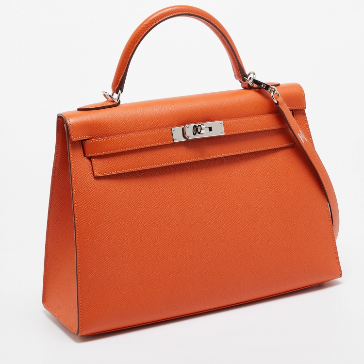Pre Owned Hermes Feu Epsom Leather Palladium Finish Kelly Sellier 32 Bag