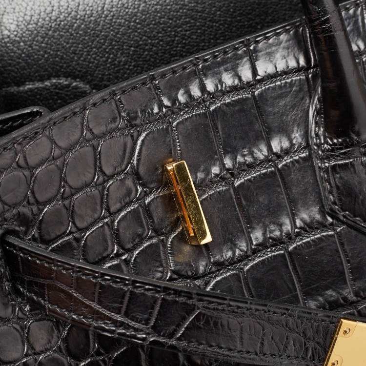 Pre Owned Hermes Black Crocodile Gold Finish Birkin 40 Bag