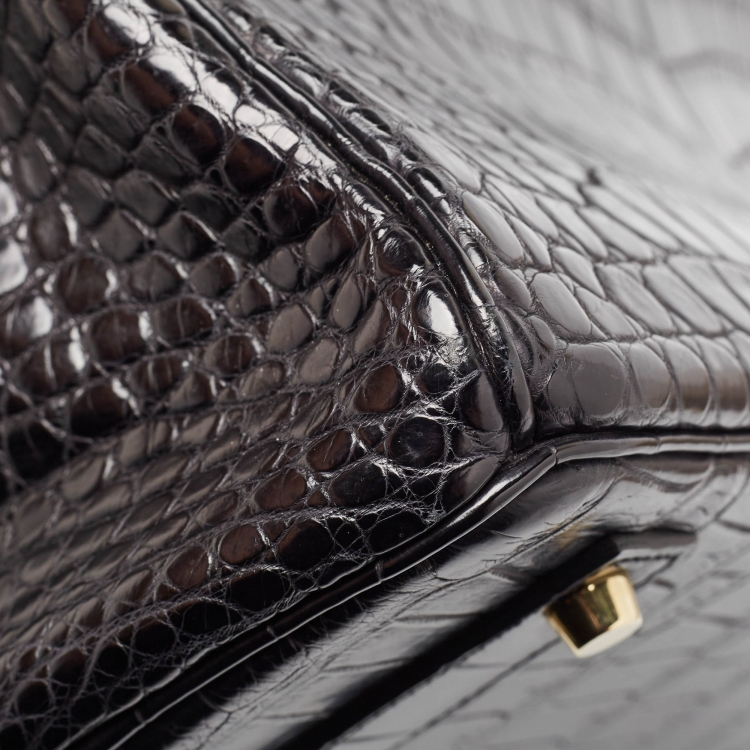 Pre Owned Hermes Black Crocodile Gold Finish Birkin 40 Bag
