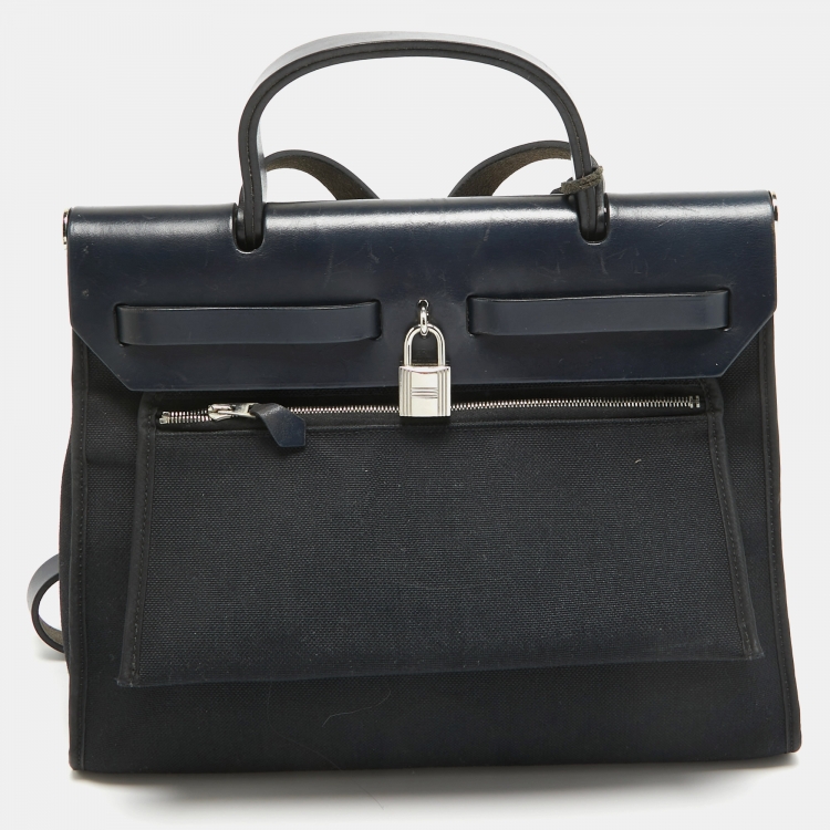 مملوكة مسبقًا Hermes Bleu Index/Black Canvas and Leather Herbag Zip PM Bag