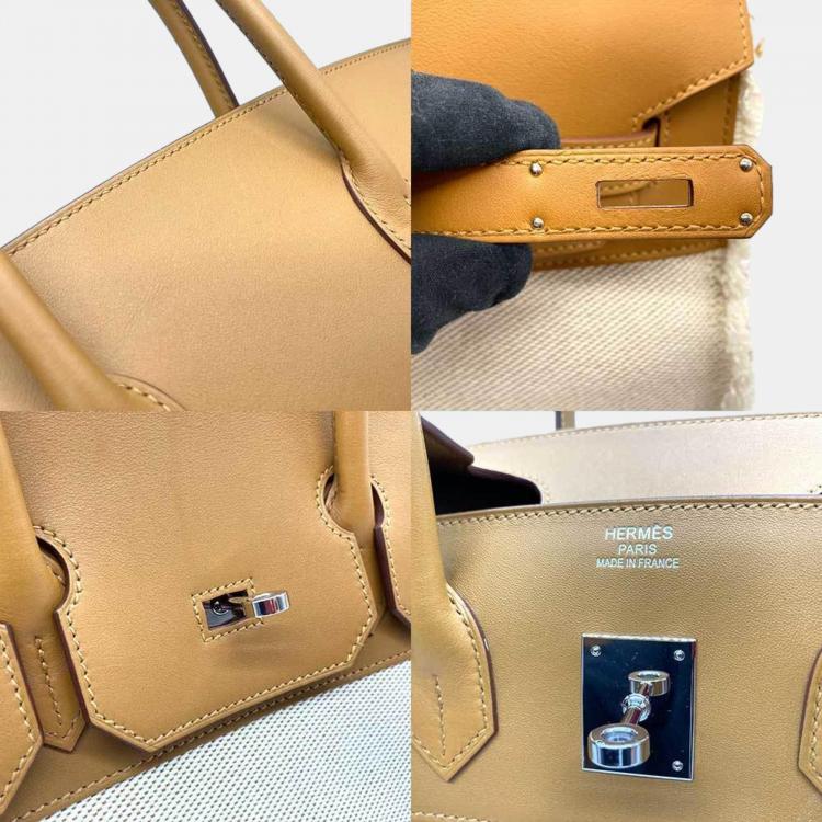 Pre Owned Hermes Brown Toile and Swift Leather Fray Birkin 35 Bag