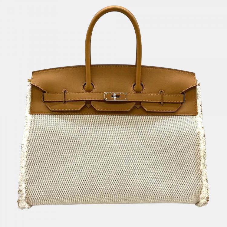 Pre Owned Hermes Brown Toile and Swift Leather Fray Birkin 35 Bag