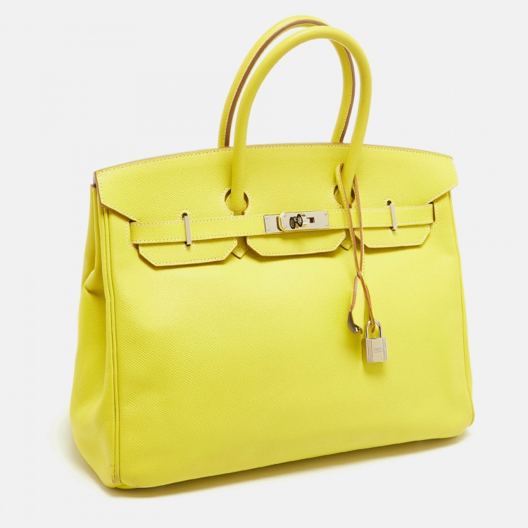 Pre Owned Hermes Soufre/Gris Perle Epsom Leather Palladium Finish Birkin 35 Bag