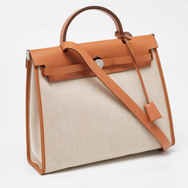 Pre Owned Hermes Naturel Vache Hunter Leather and Toile Canvas Herbag Zip 31 Bag