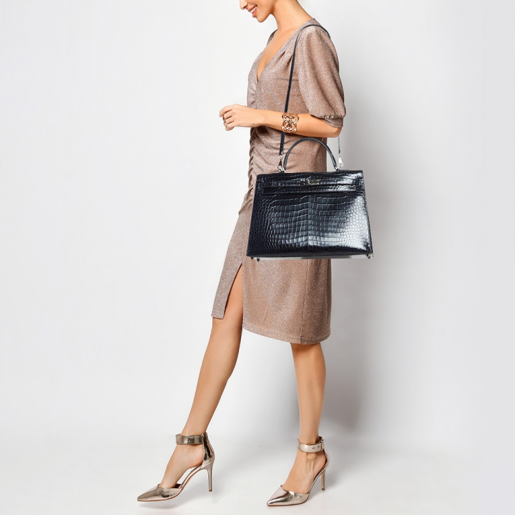 مملوكة مسبقًا Hermes Bleu Roi Crocodile Palladium Finish Kelly Sellier 35 Bag