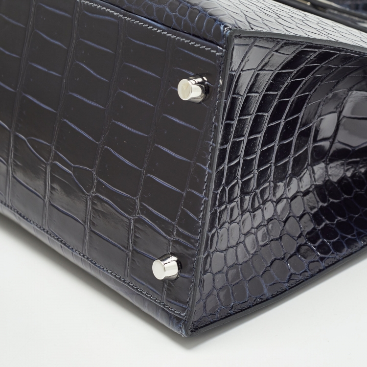 مملوكة مسبقًا Hermes Bleu Roi Crocodile Palladium Finish Kelly Sellier 35 Bag