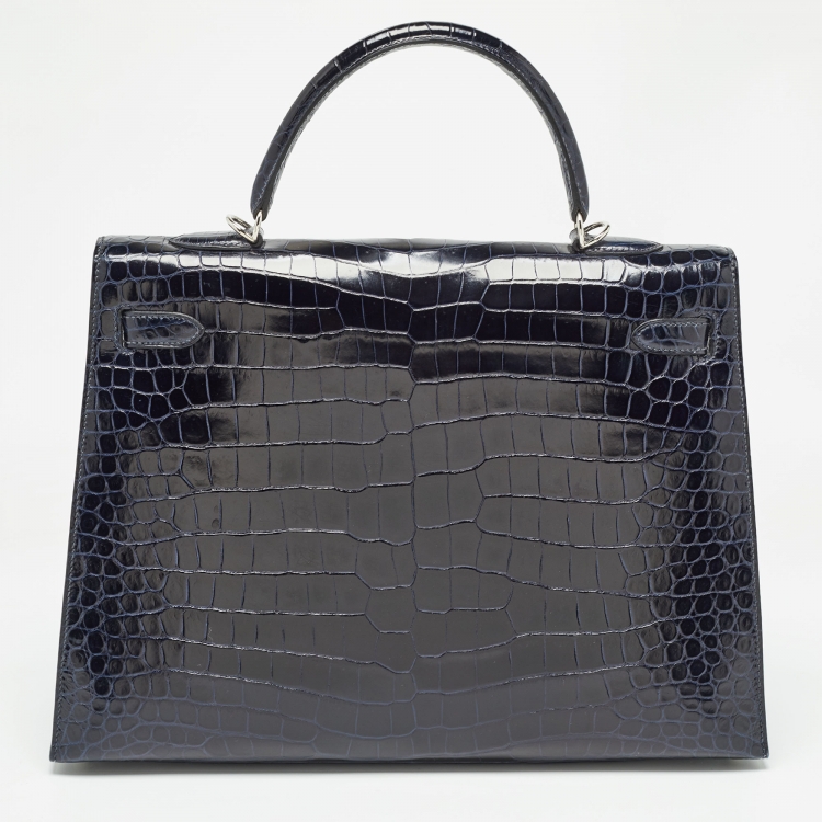 مملوكة مسبقًا Hermes Bleu Roi Crocodile Palladium Finish Kelly Sellier 35 Bag