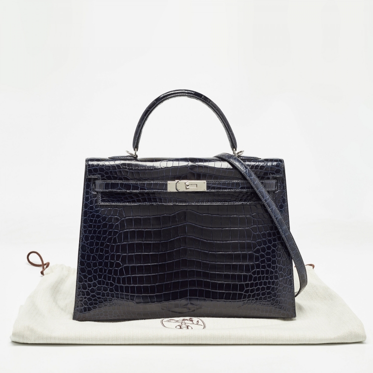 مملوكة مسبقًا Hermes Bleu Roi Crocodile Palladium Finish Kelly Sellier 35 Bag