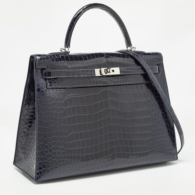 مملوكة مسبقًا Hermes Bleu Roi Crocodile Palladium Finish Kelly Sellier 35 Bag