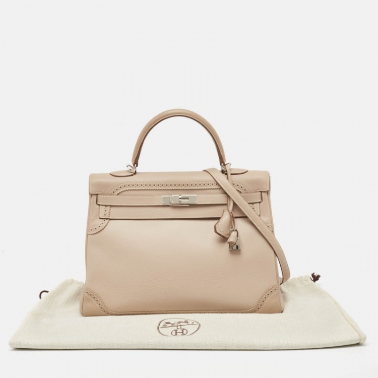 Pre Owned Hermes Argile Ghillies Grain d'H and Swift Leather Palladium Finish Kelly Retourne 35 Bag