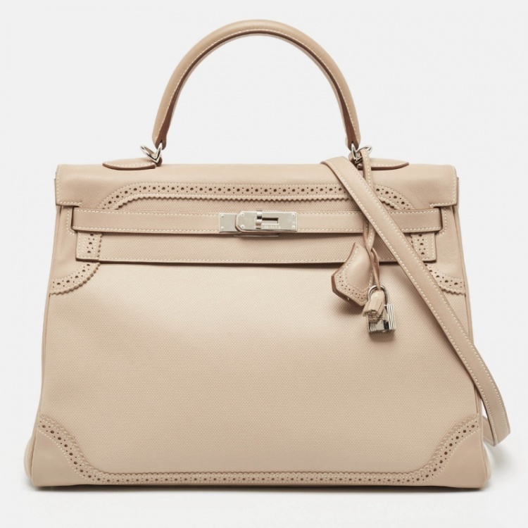 Pre Owned Hermes Argile Ghillies Grain d'H and Swift Leather Palladium Finish Kelly Retourne 35 Bag