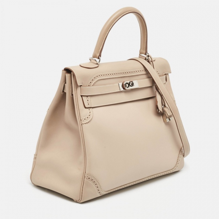 Pre Owned Hermes Argile Ghillies Grain d'H and Swift Leather Palladium Finish Kelly Retourne 35 Bag
