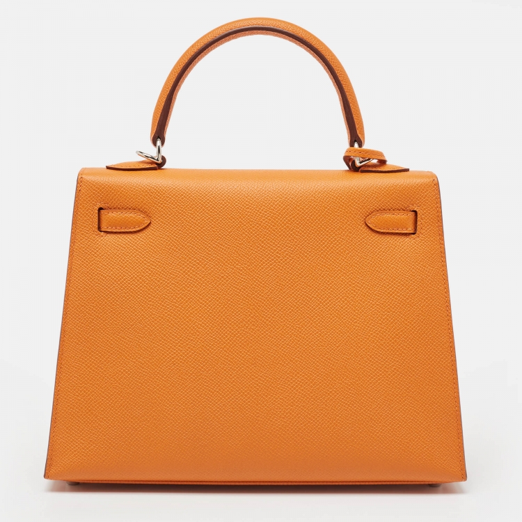 Pre Owned Hermes Orange Epsom Leather Palladium Finish Kelly Sellier 25 Bag