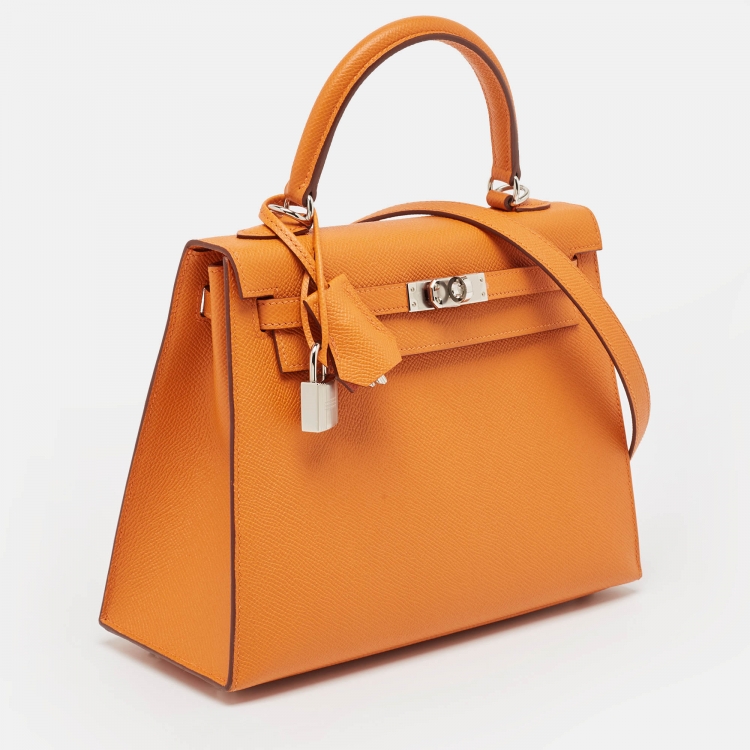 Pre Owned Hermes Orange Epsom Leather Palladium Finish Kelly Sellier 25 Bag