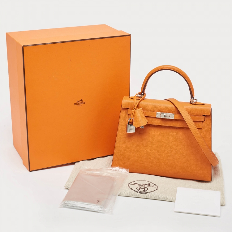 Pre Owned Hermes Orange Epsom Leather Palladium Finish Kelly Sellier 25 Bag