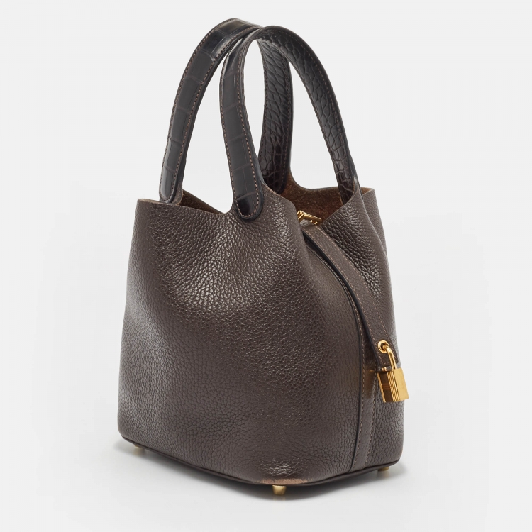 Pre Owned Hermes Chocolat/Ebene Taurillon Clemence Leather and Alligator Touch Picotin Lock 18 Bag