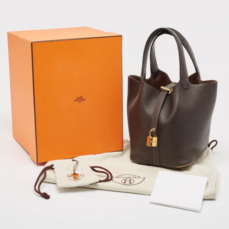Pre Owned Hermes Chocolat/Ebene Taurillon Clemence Leather and Alligator Touch Picotin Lock 18 Bag