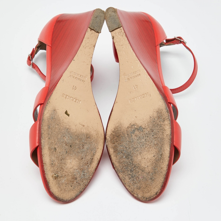 Pre Owned Hermes Red Leather Legend Wedge Sandals Size 41