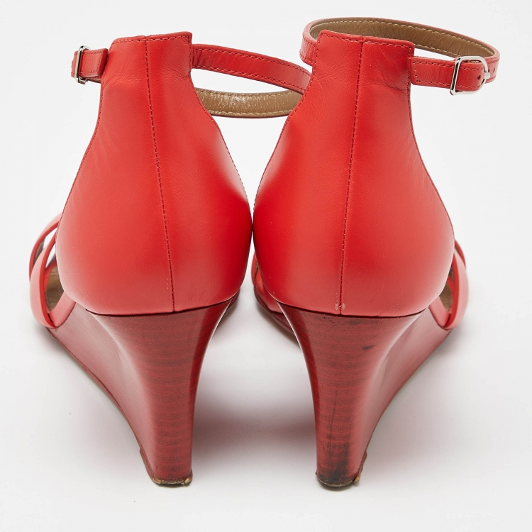 Pre Owned Hermes Red Leather Legend Wedge Sandals Size 41