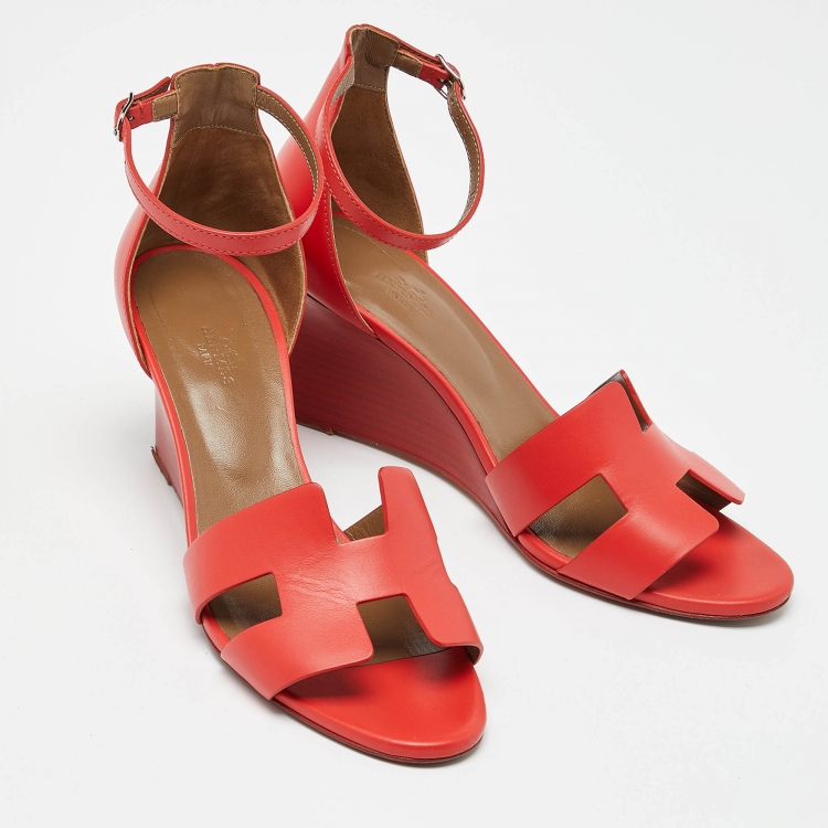 Pre Owned Hermes Red Leather Legend Wedge Sandals Size 41