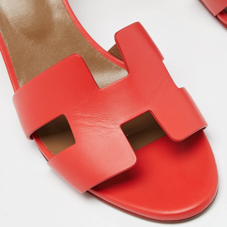 Pre Owned Hermes Red Leather Legend Wedge Sandals Size 41