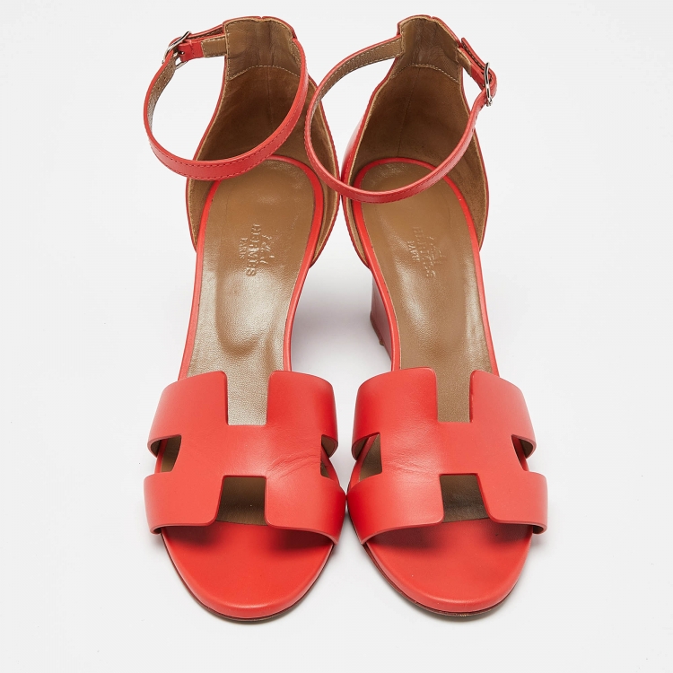 Pre Owned Hermes Red Leather Legend Wedge Sandals Size 41