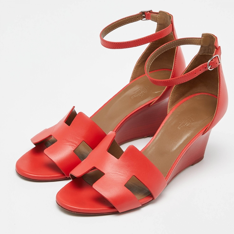 Pre Owned Hermes Red Leather Legend Wedge Sandals Size 41