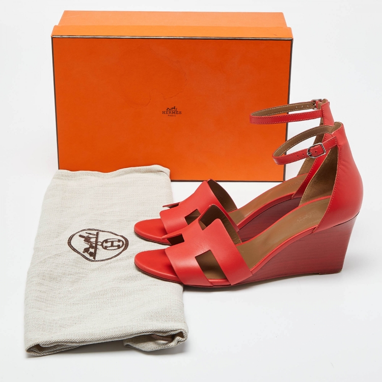 Pre Owned Hermes Red Leather Legend Wedge Sandals Size 41