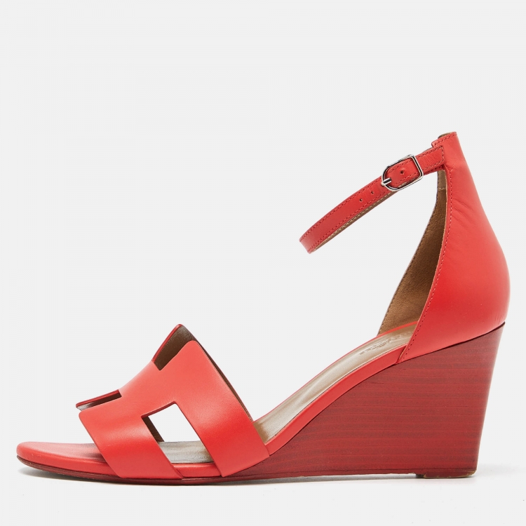Pre Owned Hermes Red Leather Legend Wedge Sandals Size 41